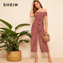 Load image into Gallery viewer, SHEIN Boho Rust Shirred Bodice Belted Floral Bardot Jumpsuit Women Spring Elegant Off the Shoulder High Waist Maxi Jumpsuits