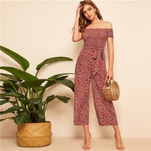 Load image into Gallery viewer, SHEIN Boho Rust Shirred Bodice Belted Floral Bardot Jumpsuit Women Spring Elegant Off the Shoulder High Waist Maxi Jumpsuits