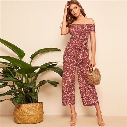 SHEIN Boho Rust Shirred Bodice Belted Floral Bardot Jumpsuit Women Spring Elegant Off the Shoulder High Waist Maxi Jumpsuits