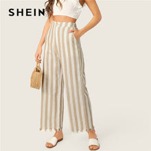 Load image into Gallery viewer, SHEIN Khaki Casual Buttoned Front Raw Hem Striped Wide Leg Pants Women Clothes 2019 Spring Button Fly Pocket Zipper Long Trouser