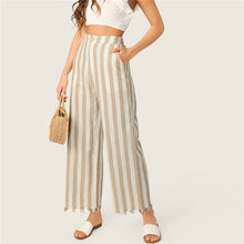 Load image into Gallery viewer, SHEIN Khaki Casual Buttoned Front Raw Hem Striped Wide Leg Pants Women Clothes 2019 Spring Button Fly Pocket Zipper Long Trouser