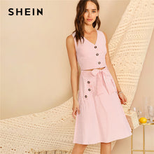 Load image into Gallery viewer, SHEIN Boho Pink V-neck Button Front Striped Slim Fitted Crop Top and Belted Midi Skirt Set Women Summer Elegant Two Piece Set