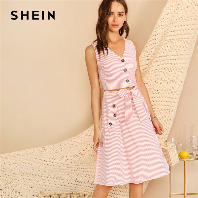 SHEIN Boho Pink V-neck Button Front Striped Slim Fitted Crop Top and Belted Midi Skirt Set Women Summer Elegant Two Piece Set