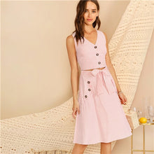 Load image into Gallery viewer, SHEIN Boho Pink V-neck Button Front Striped Slim Fitted Crop Top and Belted Midi Skirt Set Women Summer Elegant Two Piece Set