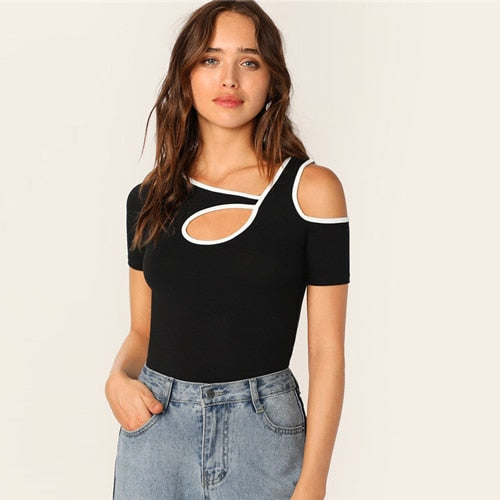 SHEIN Black Sporty Contrast Binding Cutout Detail Tshirt Women Summer Casual Slim Fit Asymmetrical Neck T Shirt Ladies Tops
