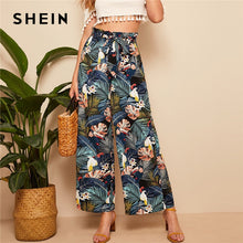 Load image into Gallery viewer, SHEIN Belted Frilled Waist Tropical Print Loose Long Palazzo Pants 2019 Spring Autumn Women Mid Waist Wide Leg Ruffle Pants