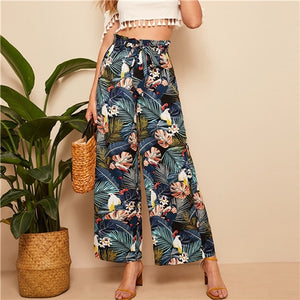 SHEIN Belted Frilled Waist Tropical Print Loose Long Palazzo Pants 2019 Spring Autumn Women Mid Waist Wide Leg Ruffle Pants