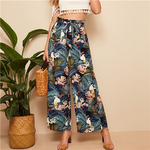 SHEIN Belted Frilled Waist Tropical Print Loose Long Palazzo Pants 2019 Spring Autumn Women Mid Waist Wide Leg Ruffle Pants