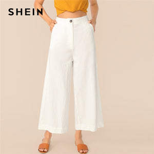 SHEIN Button Zipper Front Wide Leg Crinkle Pants Women 2019 White Solid Mid Waist Trousers Office Lady Loose Ankle-Length Pants