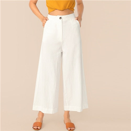 SHEIN Button Zipper Front Wide Leg Crinkle Pants Women 2019 White Solid Mid Waist Trousers Office Lady Loose Ankle-Length Pants