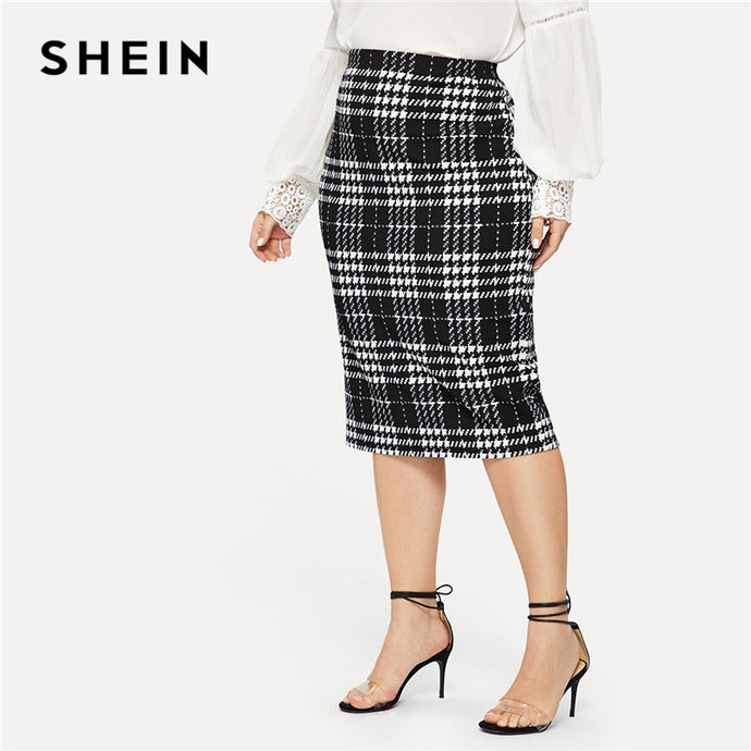 SHEIN Black Solid Women Plus Size Elegant Pencil Skirt Spring Autumn Office Lady Workwear Stretchy Bodycon Knee-Length Skirts