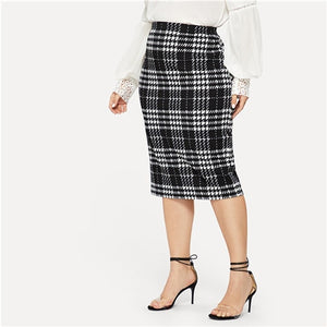 SHEIN Black Solid Women Plus Size Elegant Pencil Skirt Spring Autumn Office Lady Workwear Stretchy Bodycon Knee-Length Skirts