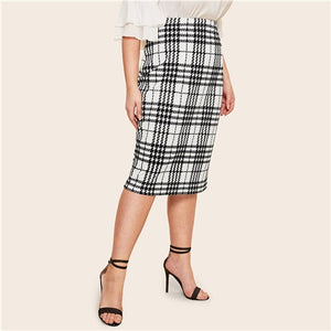 SHEIN Black Solid Women Plus Size Elegant Pencil Skirt Spring Autumn Office Lady Workwear Stretchy Bodycon Knee-Length Skirts