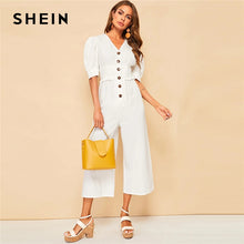 Load image into Gallery viewer, SHEIN Elegant Beige Button Front Puff Sleeve Frill Wide Leg Jumpsuit Women V Neck High Waist 2019 Solid Office Lady Jumpsuits