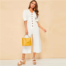 Load image into Gallery viewer, SHEIN Elegant Beige Button Front Puff Sleeve Frill Wide Leg Jumpsuit Women V Neck High Waist 2019 Solid Office Lady Jumpsuits