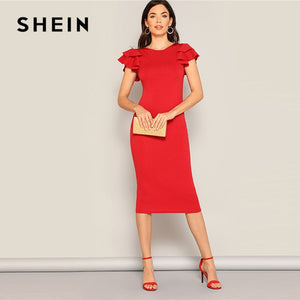 SHEIN Red Layered Ruffle Sleeve Crisscross Back Bodycon Dress Women Summer Elegant Sleeveless Solid Slim Midi Party Dress