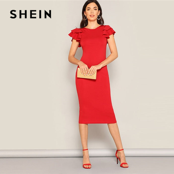 SHEIN Red Layered Ruffle Sleeve Crisscross Back Bodycon Dress Women Summer Elegant Sleeveless Solid Slim Midi Party Dress