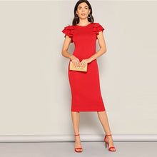 Load image into Gallery viewer, SHEIN Red Layered Ruffle Sleeve Crisscross Back Bodycon Dress Women Summer Elegant Sleeveless Solid Slim Midi Party Dress