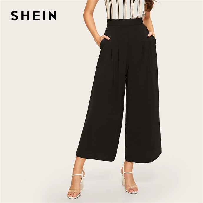 SHEIN Zip Side Slant Pocket Wide Leg Crop Pants 2019 Elegant Women Black Solid Spring Autumn Trousers Wide Leg Pants