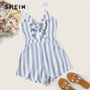 SHEIN Boho Blue Bow Knot Slant Pocket Striped Cami Romper Women Sleeveless Playsuit Summer 2019 Casual Beach Style Cute Rompers