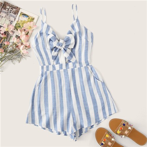 SHEIN Boho Blue Bow Knot Slant Pocket Striped Cami Romper Women Sleeveless Playsuit Summer 2019 Casual Beach Style Cute Rompers