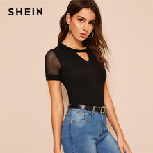 Load image into Gallery viewer, SHEIN Contrast Mesh Sleeve Cutout Rib-Knit Fitted Tee Elegant Women Black Solid Slim Fit Tops Summer Short Sleeve Tshirt