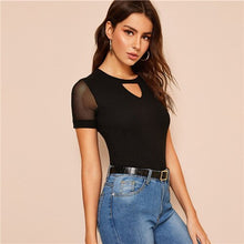 Load image into Gallery viewer, SHEIN Contrast Mesh Sleeve Cutout Rib-Knit Fitted Tee Elegant Women Black Solid Slim Fit Tops Summer Short Sleeve Tshirt