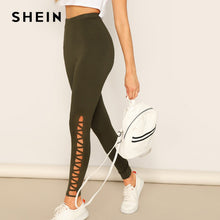 Load image into Gallery viewer, SHEIN Army Green Cut-out Side Solid Long Leggings Women Spring Autumn High Waist Sporting Stretchy Fitness Streetwear Leggings