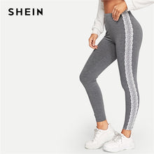 Load image into Gallery viewer, SHEIN Grey Lace Applique Side Marled Leggings Women Summer Spring Autumn Midi Waist Sporting Fitness Workout Basics Leggings