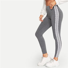 Load image into Gallery viewer, SHEIN Grey Lace Applique Side Marled Leggings Women Summer Spring Autumn Midi Waist Sporting Fitness Workout Basics Leggings