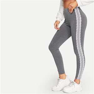 SHEIN Grey Lace Applique Side Marled Leggings Women Summer Spring Autumn Midi Waist Sporting Fitness Workout Basics Leggings