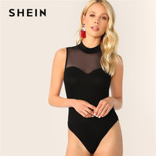 Load image into Gallery viewer, SHEIN Mock-Neck Mesh Insert Form Skinny Black Bodysuit Women Summer Mid Waist Sleeveless Solid Stretchy Lace Sexy Bodysuit