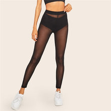 Load image into Gallery viewer, SHEIN Lady Sheer Mesh Sexy Leggings Without Panty Spring Summer Soild Mid Waist Women Leggings Going Out Black Leggings