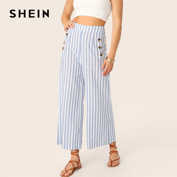 SHEIN Wide Waist Button Detail Striped Palazzo Pants Posh Women 2019 Spring Summer Trousers Blue High Waist Wide Leg Pants