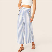 Load image into Gallery viewer, SHEIN Wide Waist Button Detail Striped Palazzo Pants Posh Women 2019 Spring Summer Trousers Blue High Waist Wide Leg Pants