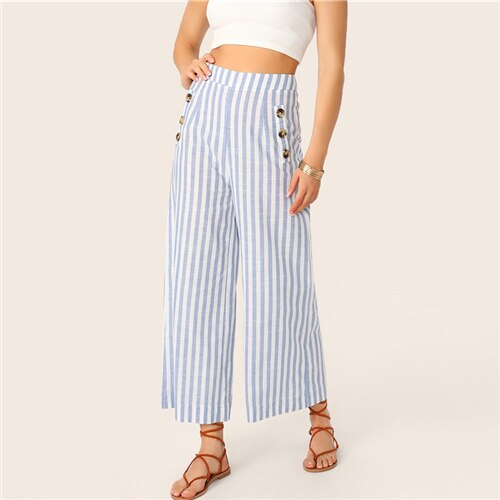SHEIN Wide Waist Button Detail Striped Palazzo Pants Posh Women 2019 Spring Summer Trousers Blue High Waist Wide Leg Pants