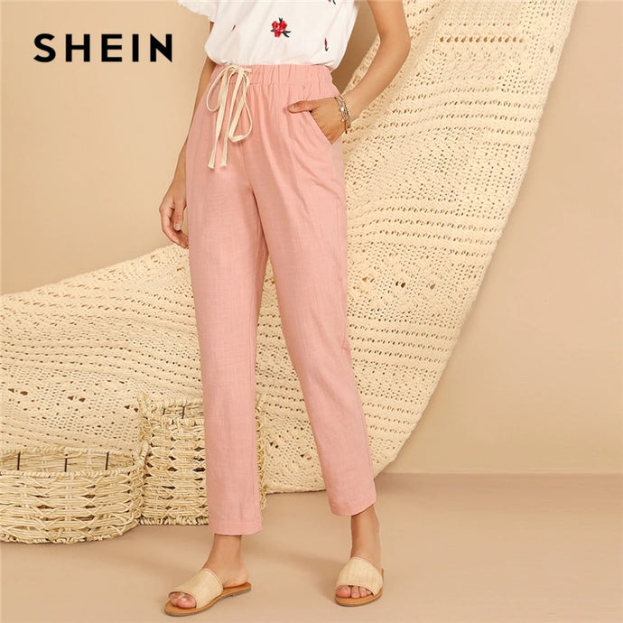 SHEIN Drawstring Waist Slant Pocket Pants Young Women Pink Pastel Solid 2019 Casual Autumn Spring Elastic Waist Long Pants