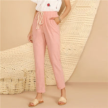 Load image into Gallery viewer, SHEIN Drawstring Waist Slant Pocket Pants Young Women Pink Pastel Solid 2019 Casual Autumn Spring Elastic Waist Long Pants