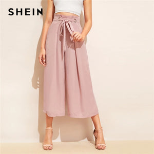 SHEIN Knot Waist Fold Pleat Wide Leg Pants Women Pink Solid Loose Belted Trousers 2019 Elegant Mid Waist Summer Pants