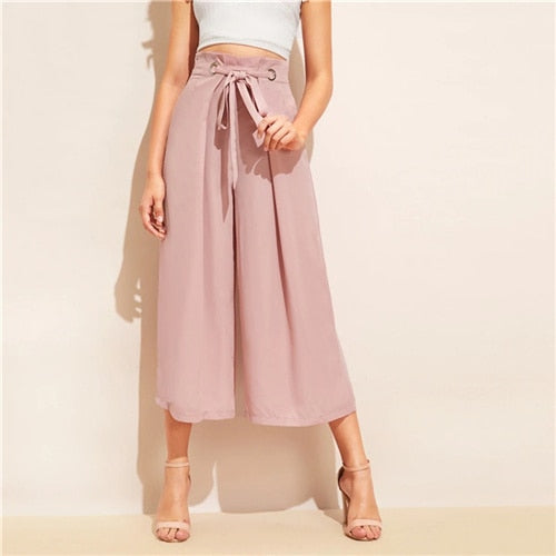 SHEIN Knot Waist Fold Pleat Wide Leg Pants Women Pink Solid Loose Belted Trousers 2019 Elegant Mid Waist Summer Pants