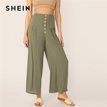 Load image into Gallery viewer, SHEIN Boho Green Buttoned Wide Waistband Pleated Palazzo Pants Women Solid Long Trousers Summer Zip Fly Elegant Wide Leg Pants