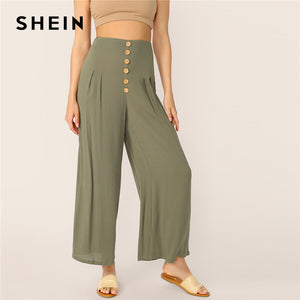 SHEIN Boho Green Buttoned Wide Waistband Pleated Palazzo Pants Women Solid Long Trousers Summer Zip Fly Elegant Wide Leg Pants