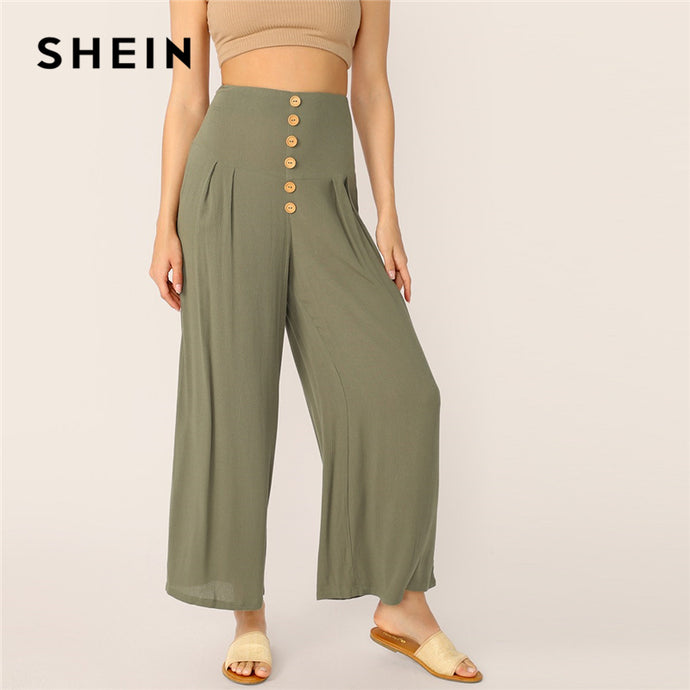 SHEIN Boho Green Buttoned Wide Waistband Pleated Palazzo Pants Women Solid Long Trousers Summer Zip Fly Elegant Wide Leg Pants