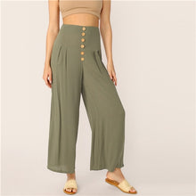Load image into Gallery viewer, SHEIN Boho Green Buttoned Wide Waistband Pleated Palazzo Pants Women Solid Long Trousers Summer Zip Fly Elegant Wide Leg Pants