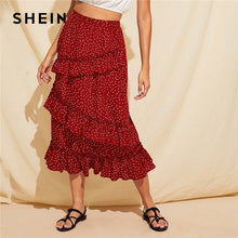 Load image into Gallery viewer, SHEIN Bohemian Burgundy Ruffle Trim Polka Dot Women Long Skirt Summer Autumn 2019 Mid Waist Straight Elegant Skirts