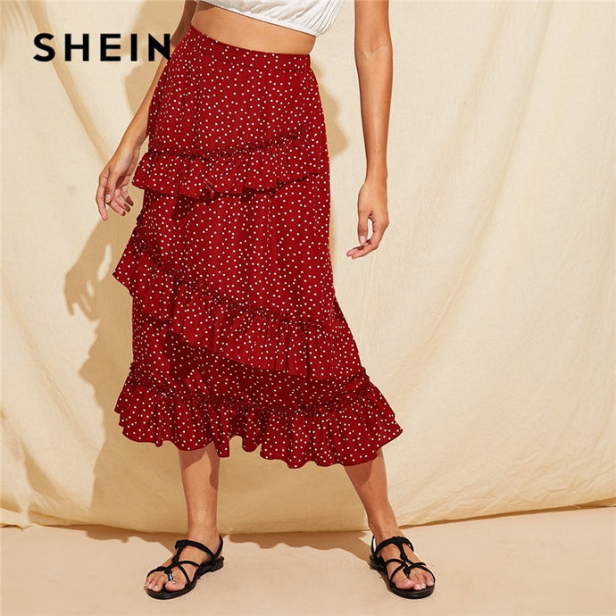 SHEIN Bohemian Burgundy Ruffle Trim Polka Dot Women Long Skirt Summer Autumn 2019 Mid Waist Straight Elegant Skirts