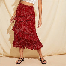 Load image into Gallery viewer, SHEIN Bohemian Burgundy Ruffle Trim Polka Dot Women Long Skirt Summer Autumn 2019 Mid Waist Straight Elegant Skirts