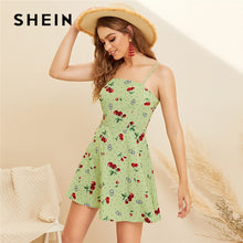 Load image into Gallery viewer, SHEIN Boho Floral And Cherry Print Summer Dress Women Sleeveless Spaghetti Strap Mini Dress 2019 A Line High Waist Beach Dress