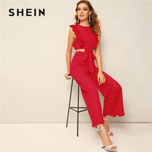 Load image into Gallery viewer, SHEIN Red Ruffle Trim Cut Out Waist Eyelet Embroidered Wide Leg Jumpsuit Women Clothes 2019 Summer Sleeveless Sexy Jumpsuit