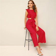 Load image into Gallery viewer, SHEIN Red Ruffle Trim Cut Out Waist Eyelet Embroidered Wide Leg Jumpsuit Women Clothes 2019 Summer Sleeveless Sexy Jumpsuit